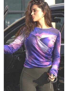 Forever 21 Size L Purple Blue Abstract Mesh Top Y2K Clubwear Futuristic Vibe Lux